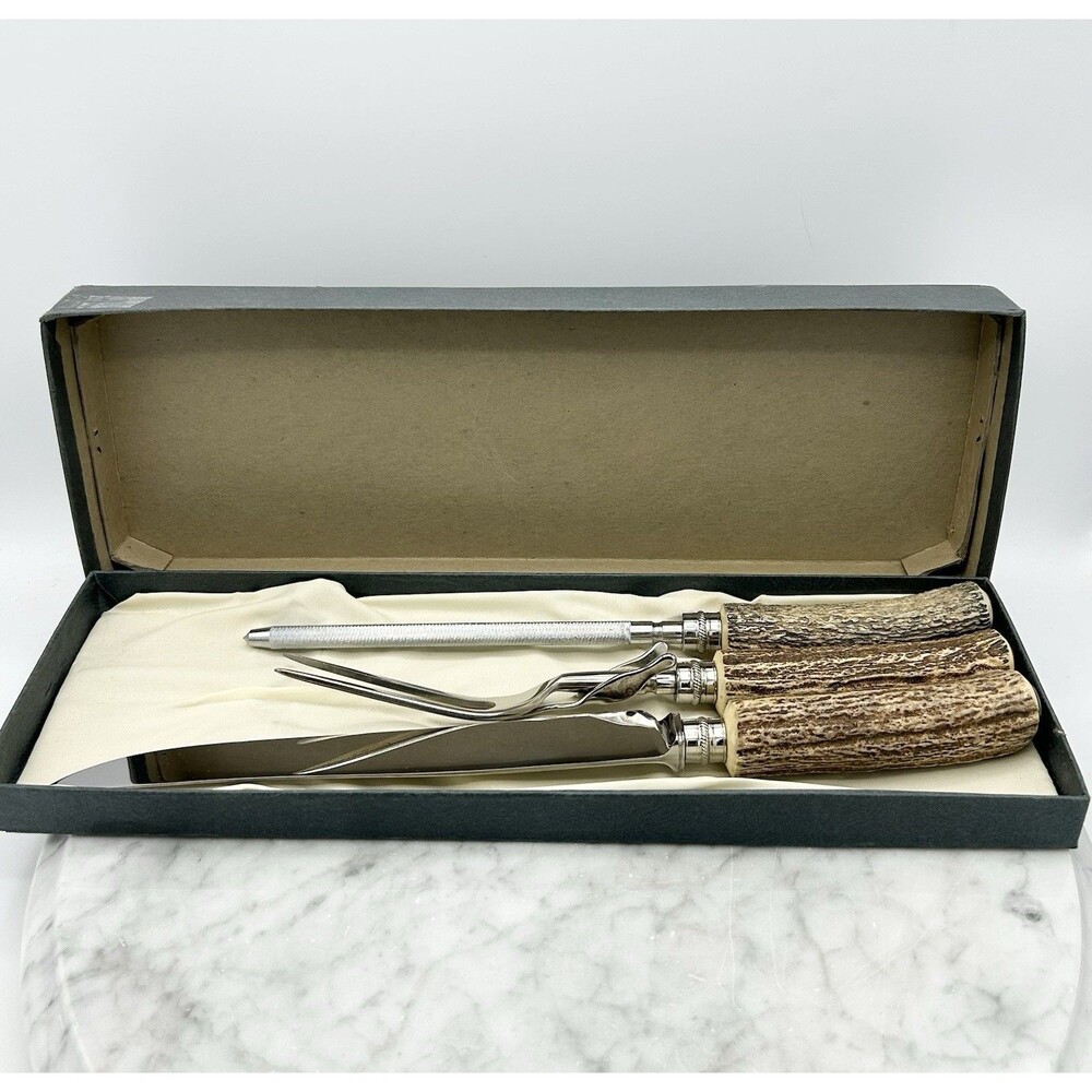Latham & Owen Sheffield England Antler Carving Set Vintage In Original Box
